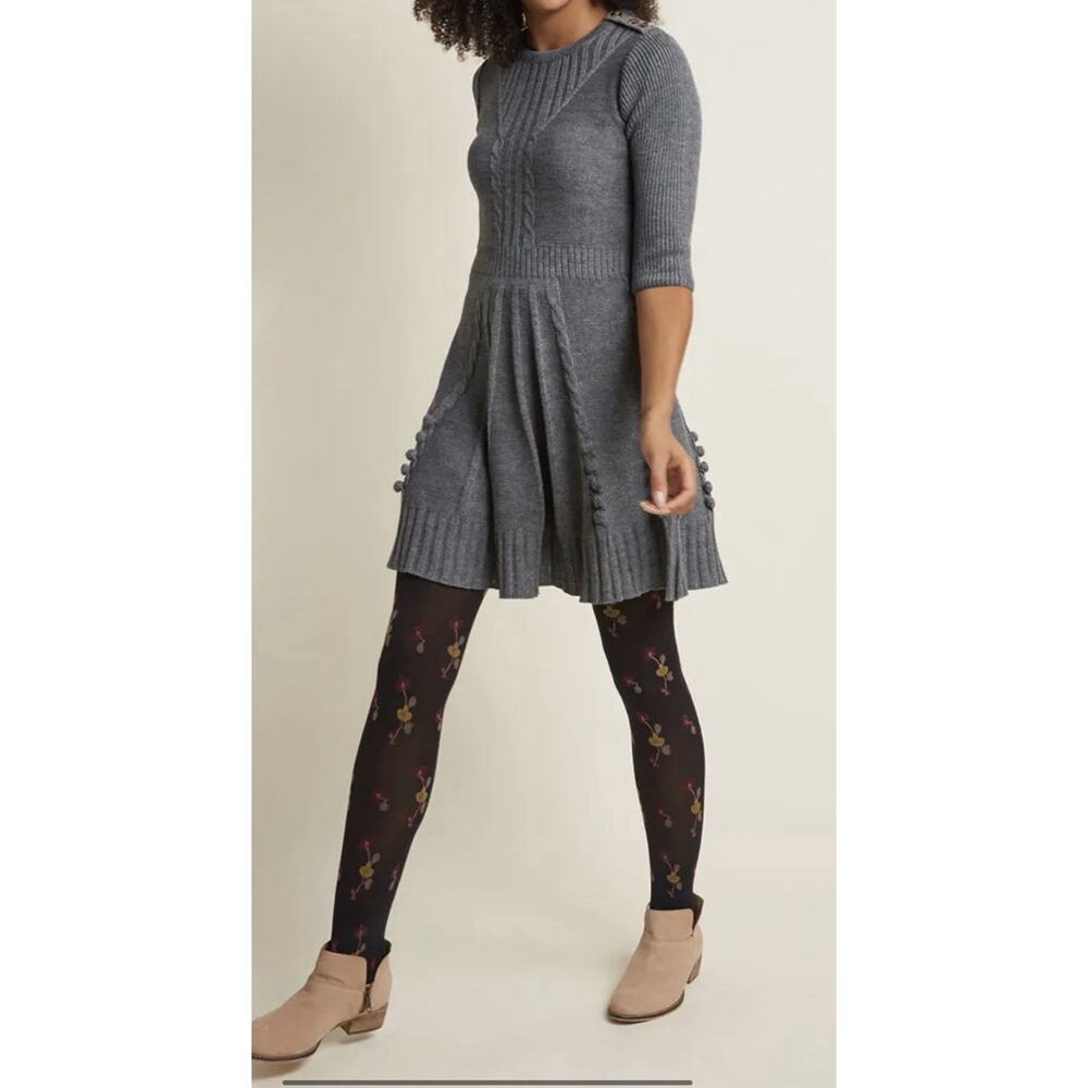 MAK Sweater Gray Knit Fit & Flare Sweater Dress L Pom Pom Button Shoulder Boho